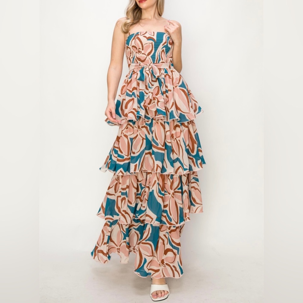 Leopard Print Sleeveless Smocked Tiered Multicolor Maxi Dress